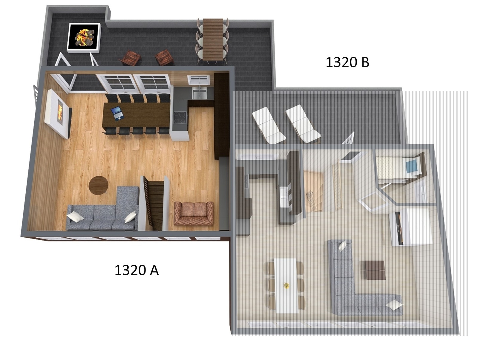 Planløsning i 1. etg for begge hyttene. 1320A til venstre og 1320B til høyre. Galleribilde