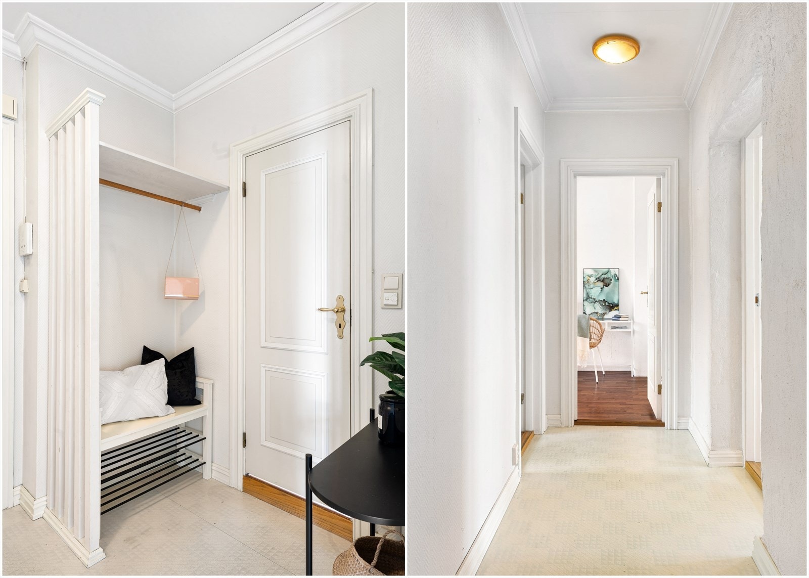 Romslig inngangsparti med god plass til sko og yttertøy. Plass til kommode og skoskap for ytterligere oppbevaring Galleribilde