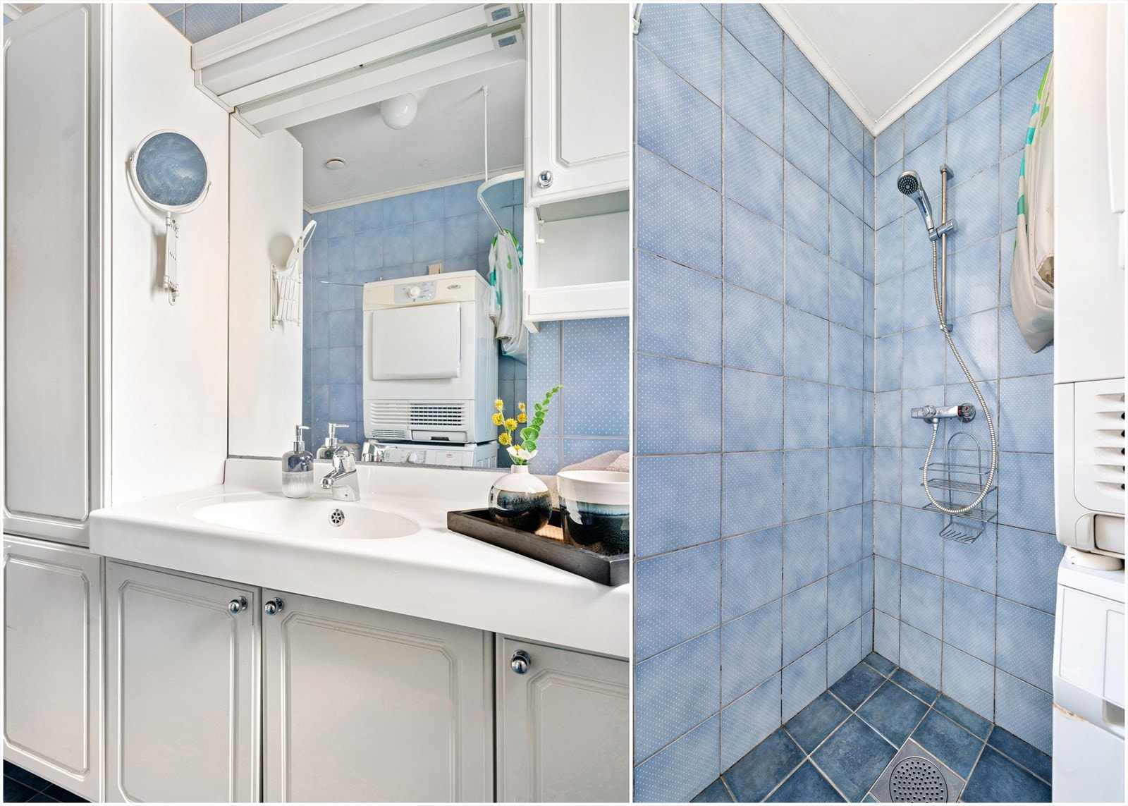 Rommet er utstyrt med servantskap, vegghengt skap, gulvstående toalett og dusj m/tekstilforheng. Rommet er bygget etter byggeforkrifter før 1997. Galleribilde