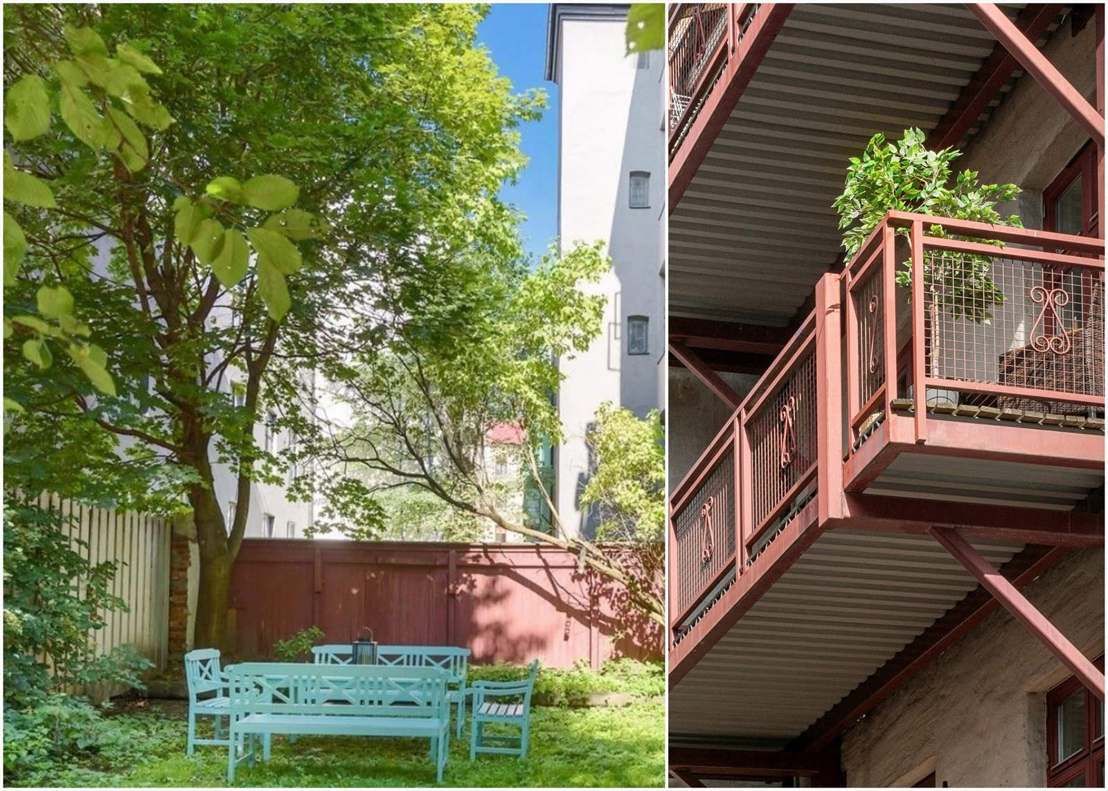 Grønn og frodig bakgård med sittegruppe Galleribilde