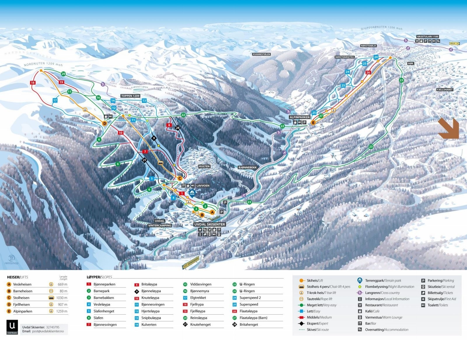 Uvdal Skisenter - Pil markerer hyttene Galleribilde