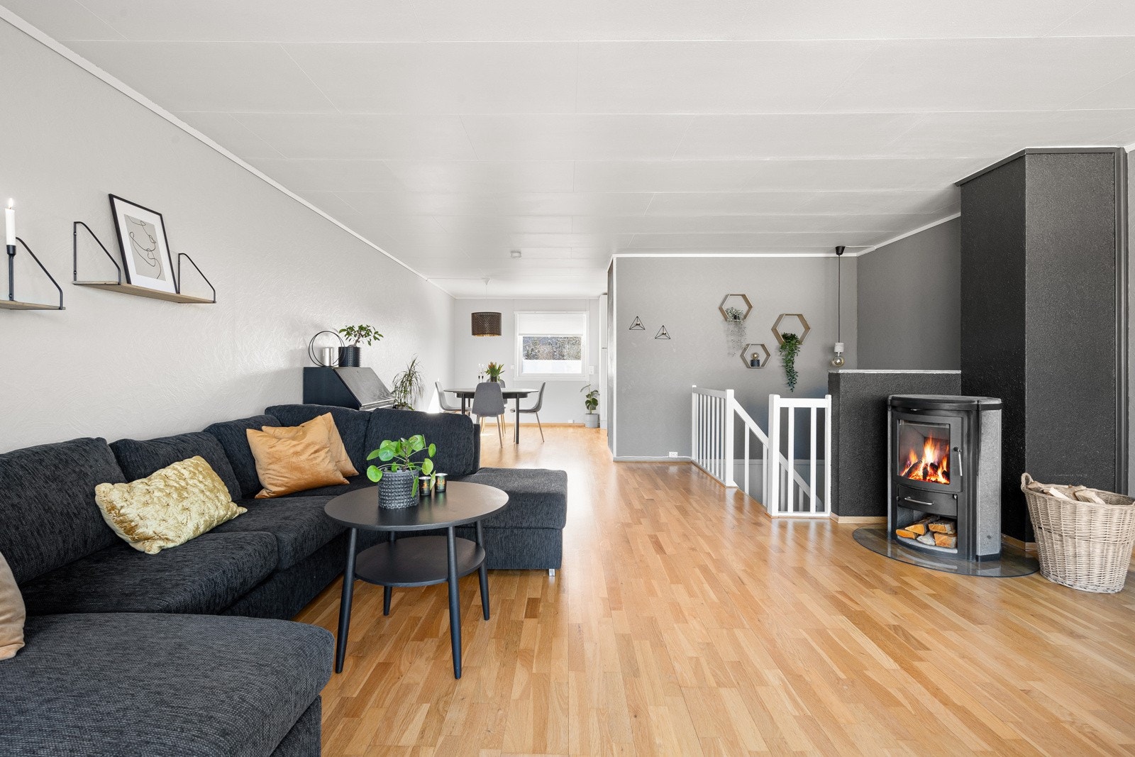 I stuen kan du nyte behagelig vedfyring som gir reduserte energikostnader og en lun atmosfære om vinteren Galleribilde