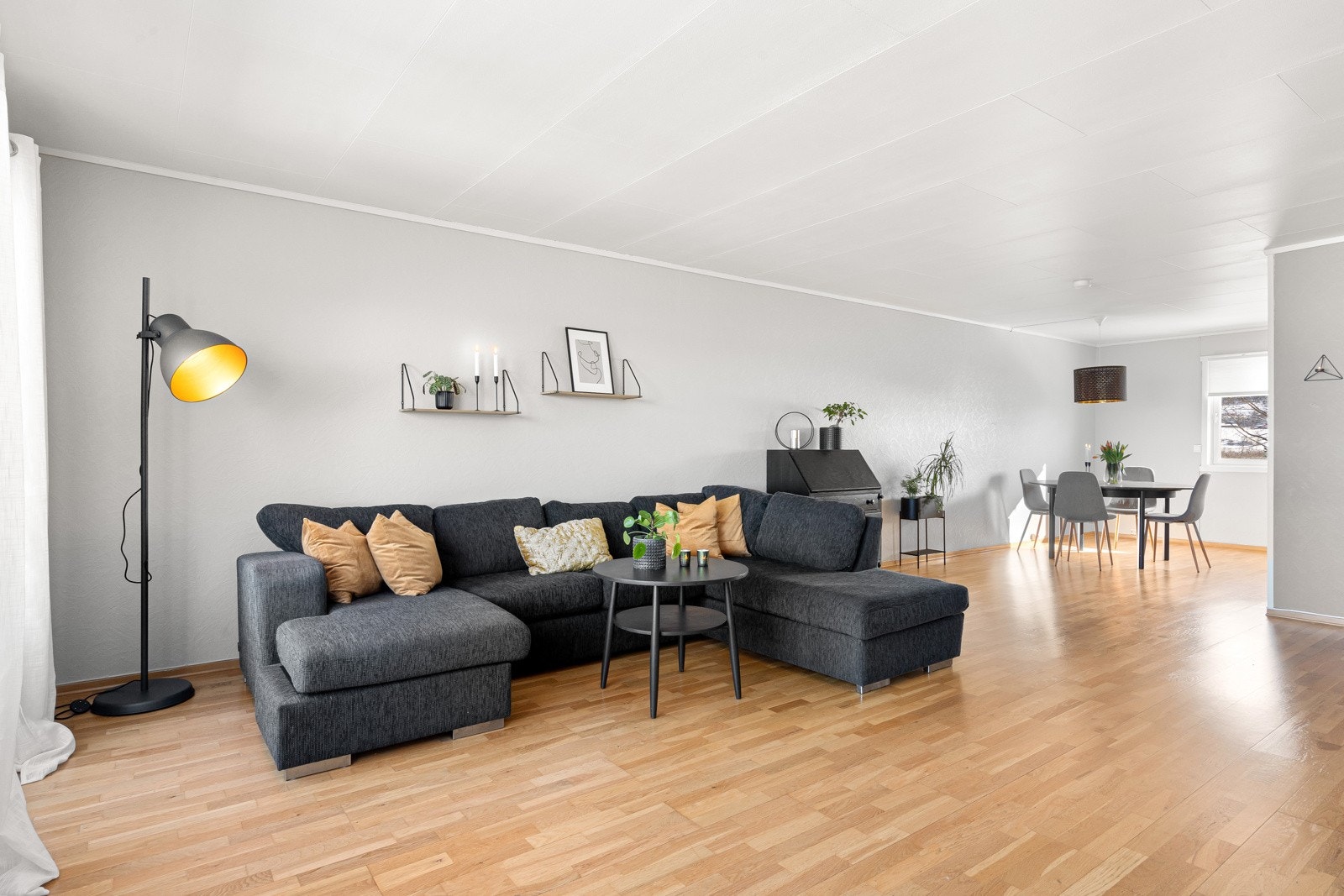 Stuen er boligens midtpunkt og rommer sammen med det delvis adskilte kjøkkenet hele 54 m² Galleribilde