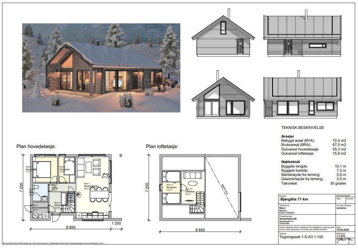 Hytta kan leveres med 2 ulike planløsninger. Her vist med inngang på baksiden av hytta. Ved tomt med adkomst på framsiden leveres hytta med inngang på framsiden. Hytta har en 22 kvm hems med skrå himling. Her har man både ett ekstra fjerde soverom og en p Galleribilde