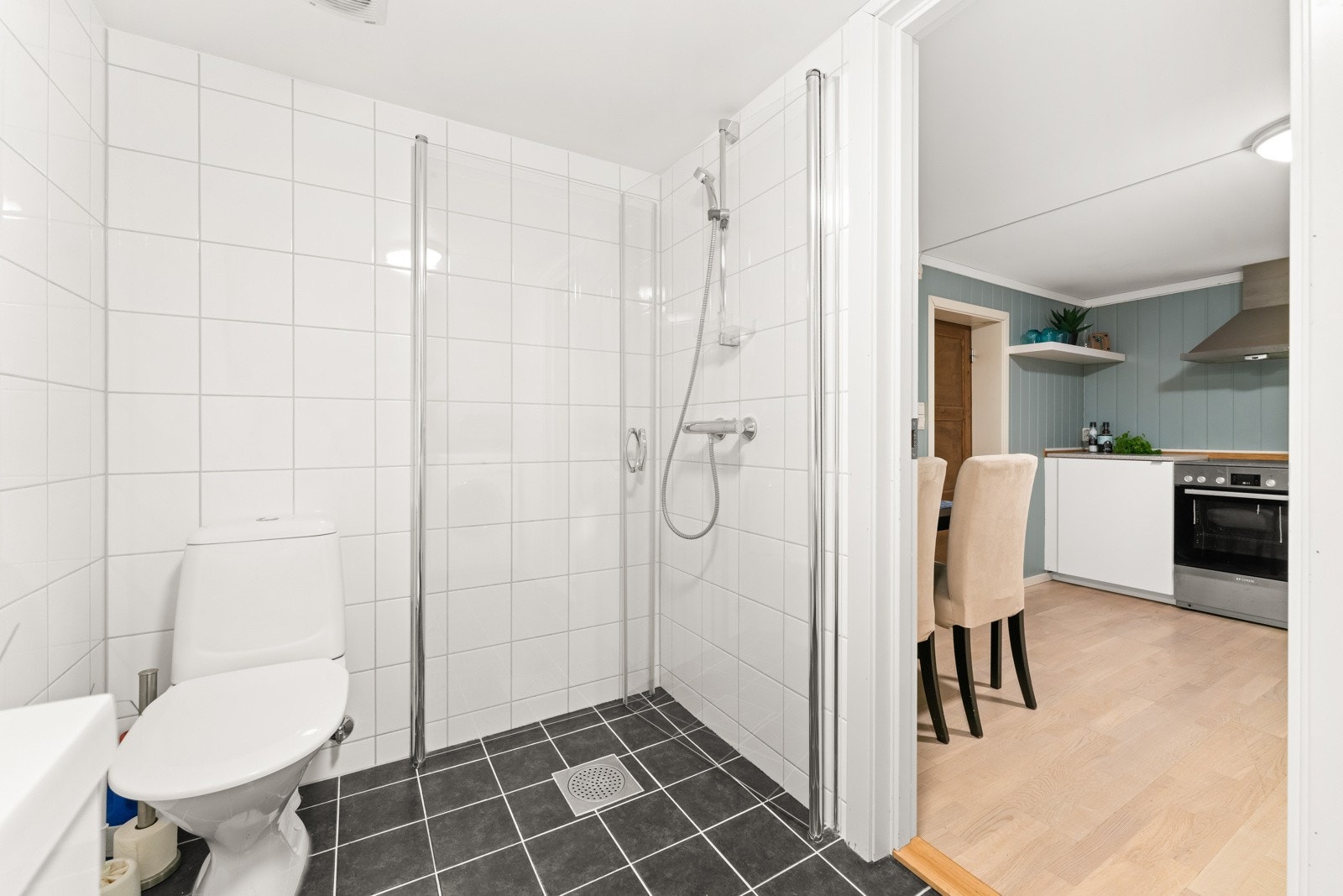 Innredningen på badet består av enkel servant, toalett og dusj med svingbare glassdører Galleribilde