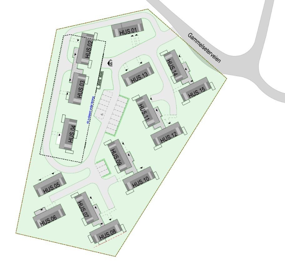 Situasjonsplan over Kvitplassen. Trinn I består av hus 5-10. Galleribilde