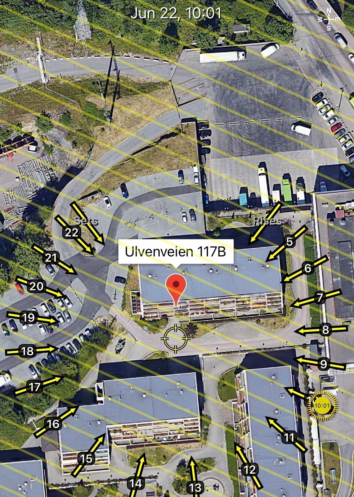 Solkart er kun ment som en illustrasjon over solforholdene midtsommers (22.6). Teknologien som brukes kan slå feil pga. kalibrering e.l. Solforhold må derfor også kontrolleres selv ved hjelp av kompass, kart eller egen app hvis dette er av betydning. Galleribilde