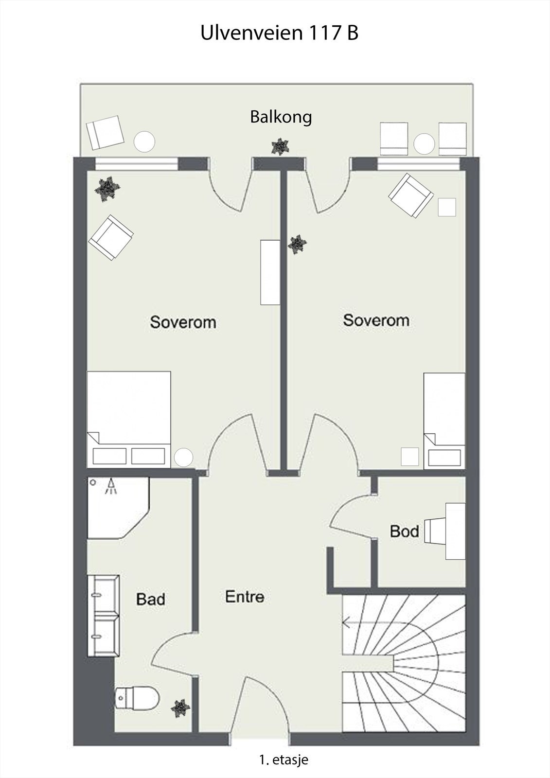 Plan 1 - møblert plantegning. Inneholder entré/hall, 2 soverom, badeværelse og kontor/innvendig bod, samt utgang til terrasse. Galleribilde