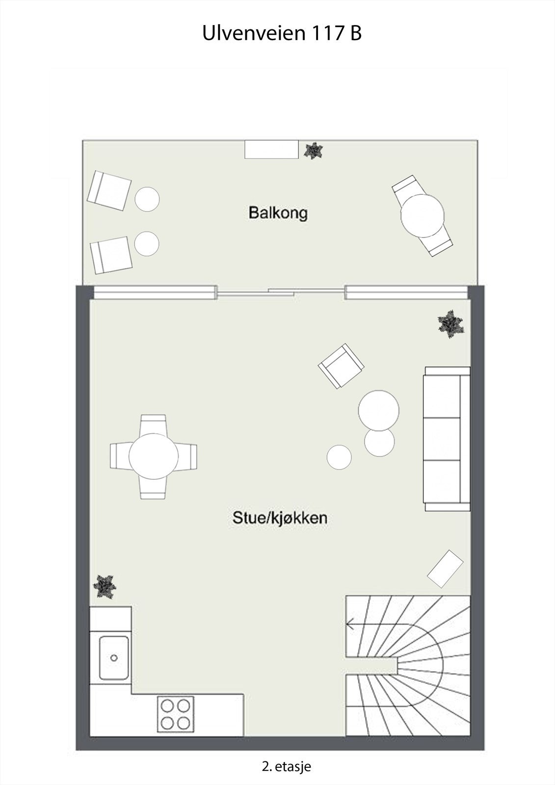 Plan 2 - møblert plantegning. Inneholder stue og kjøkken, samt utgang til terrasse. Galleribilde