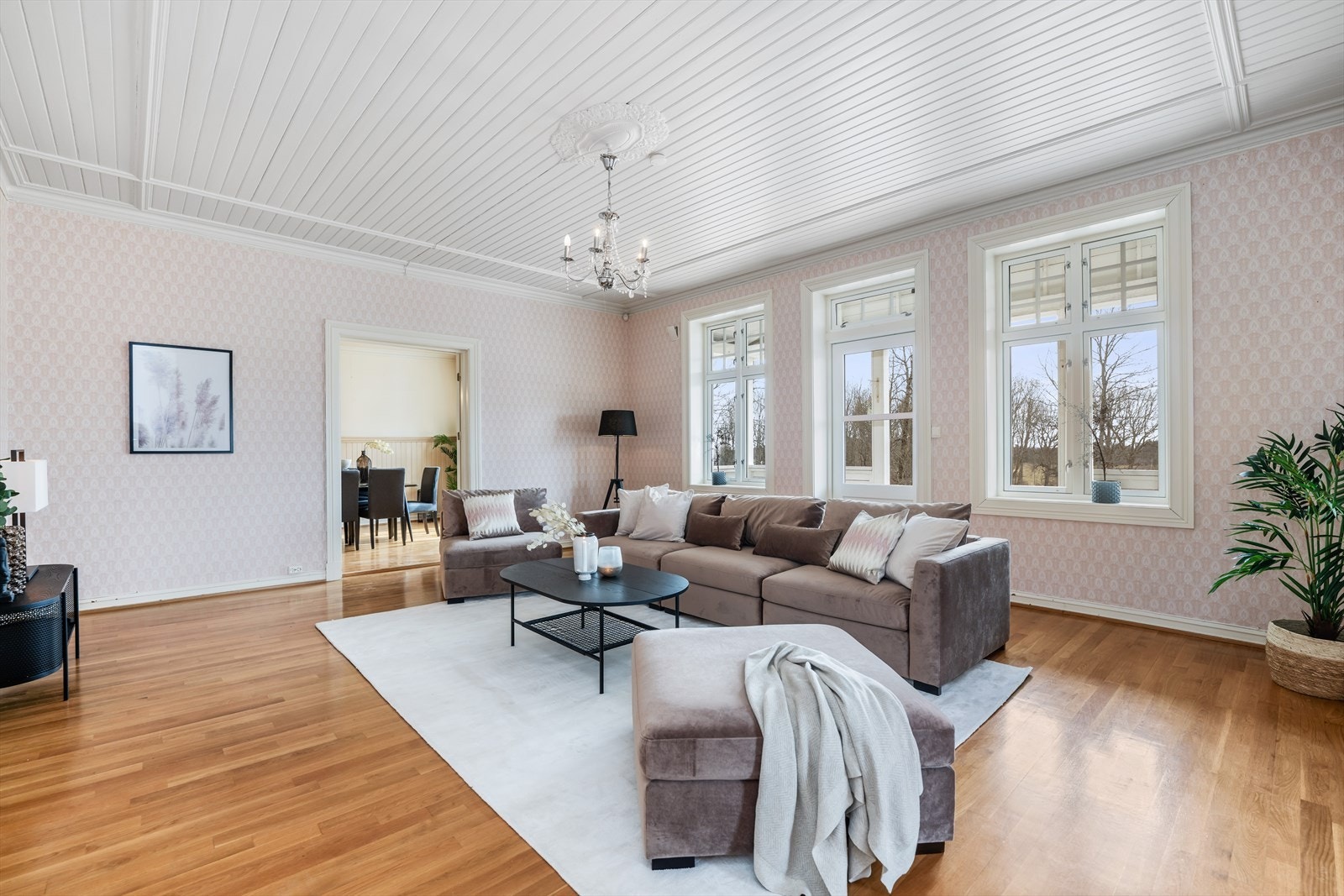 Stuen har rosett i taket og store fine vinduer som slipper inn masse lys Galleribilde