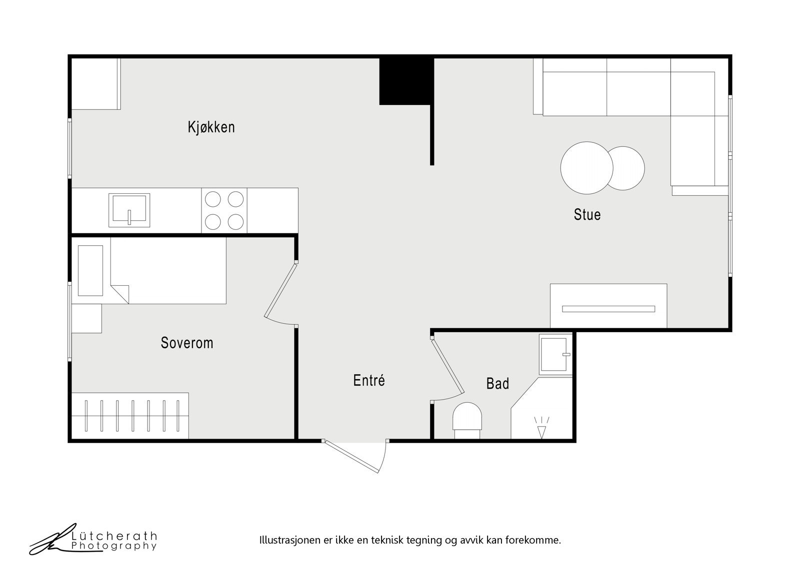 Planløsning av tileggsdel i kjeller (ikke omsøkt/godkjent). Galleribilde
