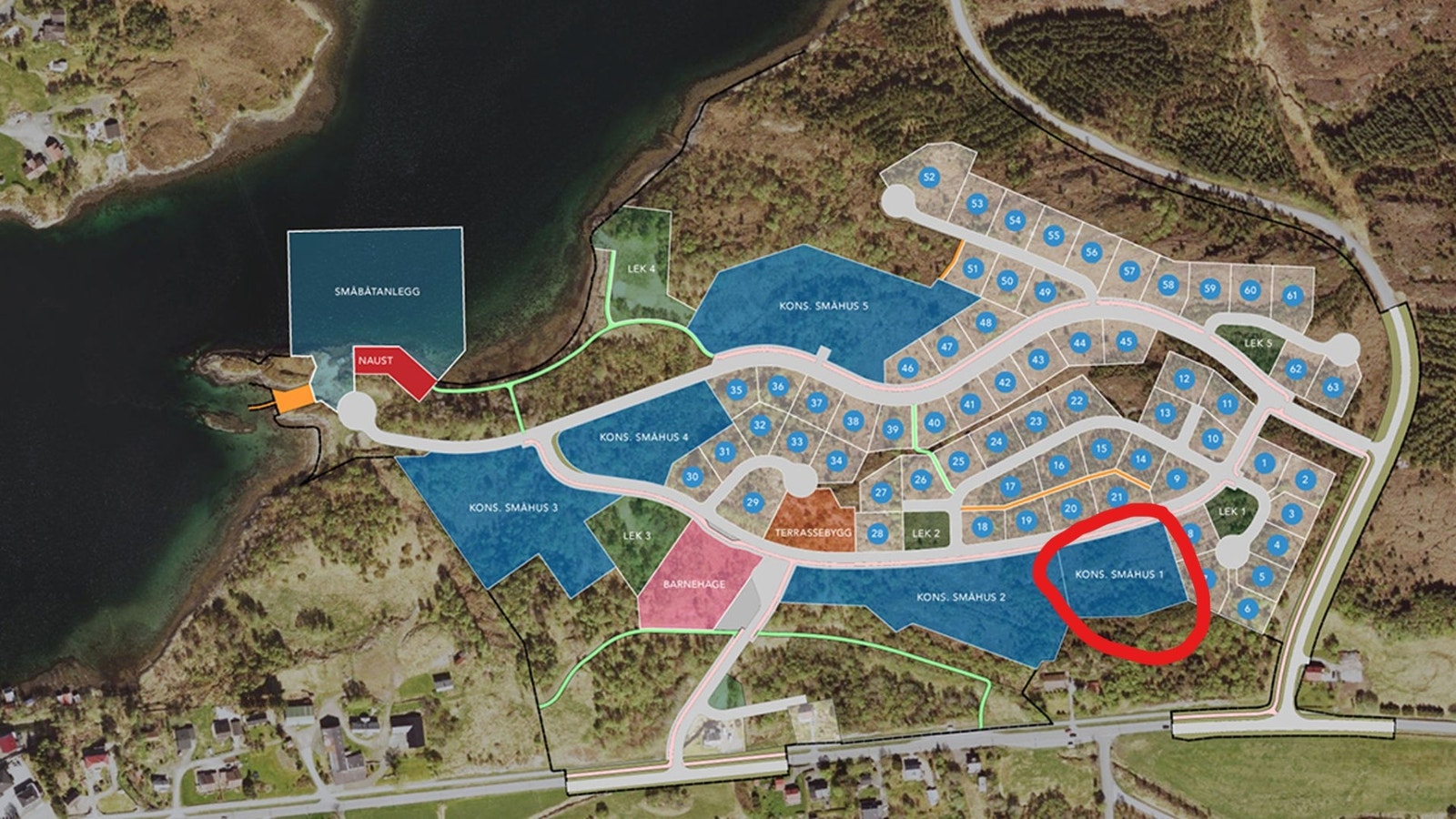 Tomannsboligene vil bli oppført på avmerket område (Kons. Småhus 1). Galleribilde