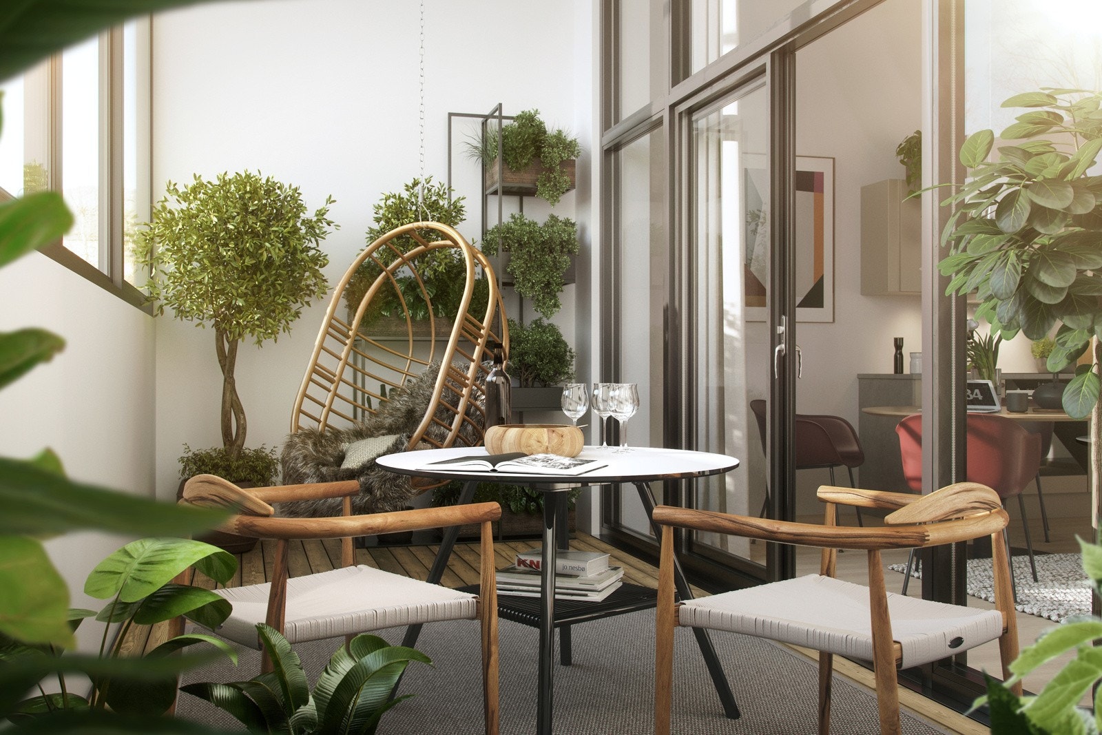 Leilighetene i 1. etasje får innglassede private terrasser med store vinduer. Likevel er arkitekturen utformet for å sikre størst mulig privatliv også i leilighetene på gateplan. Illustrasjon fra leilighet 102. Avvik kan forekomme. Galleribilde