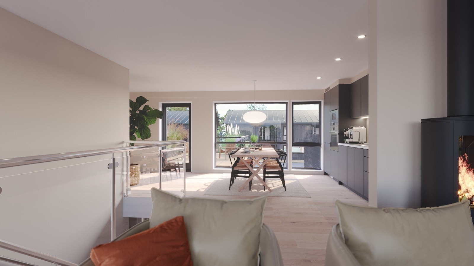 Illustrasjon fra stue mot kjøkken Galleribilde