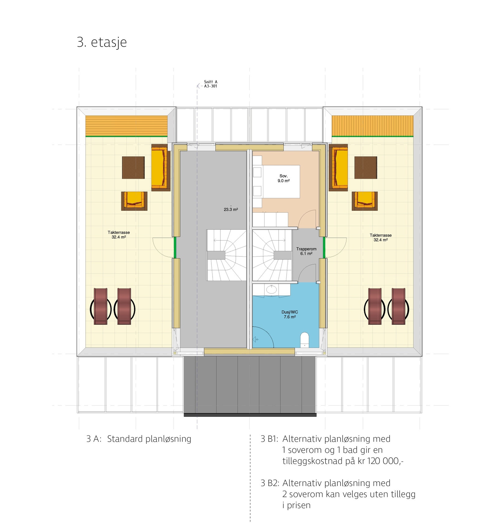 Meget fleksible planløsning i tredje etasje, allrom, ett eller to soverom, med eller uten bad Galleribilde