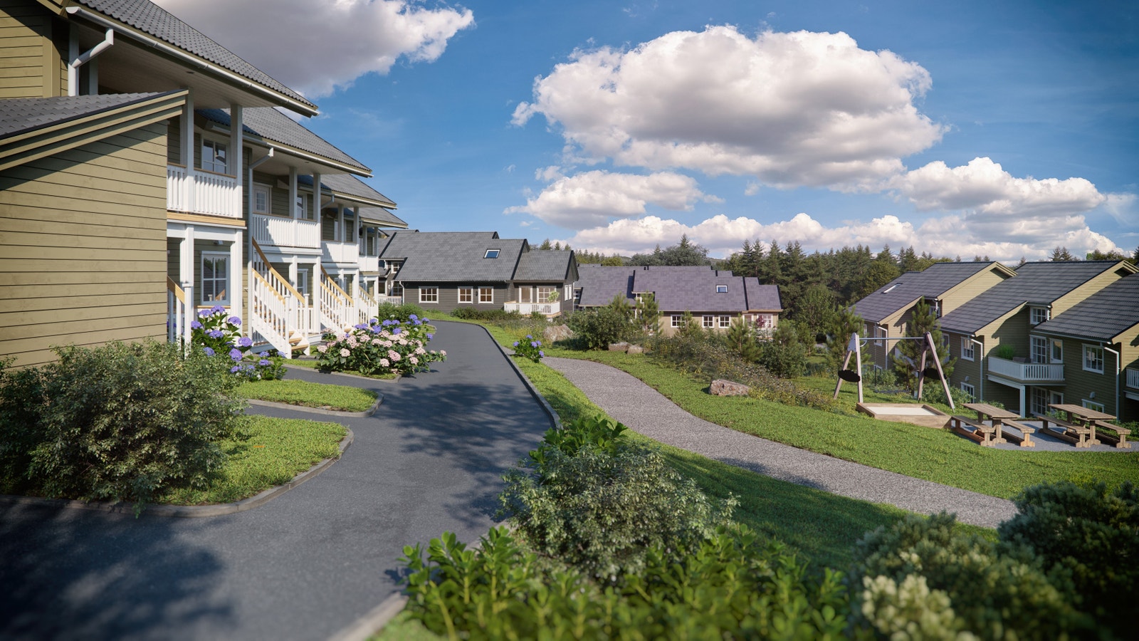 Illustrasjon - Bygg C til venstre - Bygg E til høyre - Bygg D og F rett frem Galleribilde