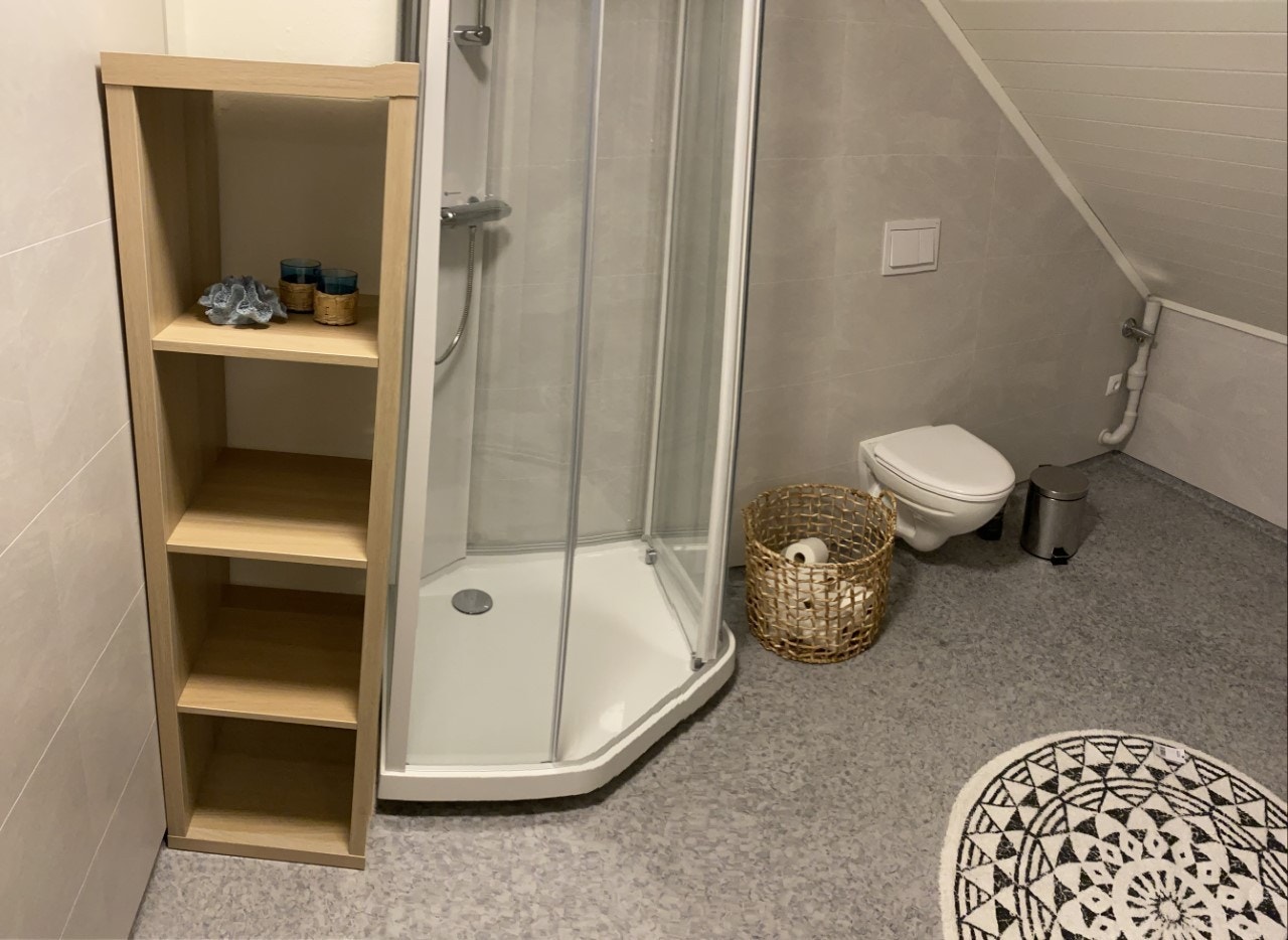 Dusjkabinett og vegghengt toalett. Hylle til oppbevaring av håndduker mm. Galleribilde