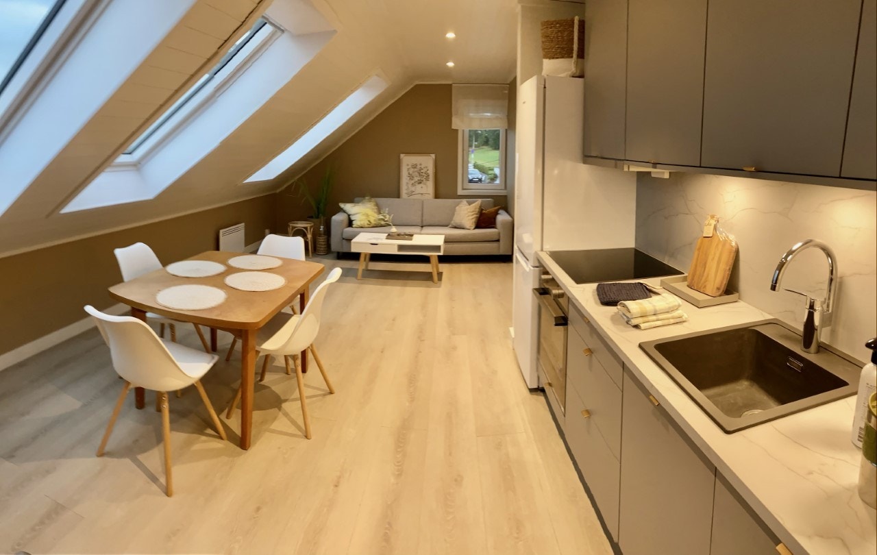 Fellesareal med åpen kjøkken-/stueløsning har 3 store takvindu med nydelig utsikt og godt lysinnslipp. Galleribilde