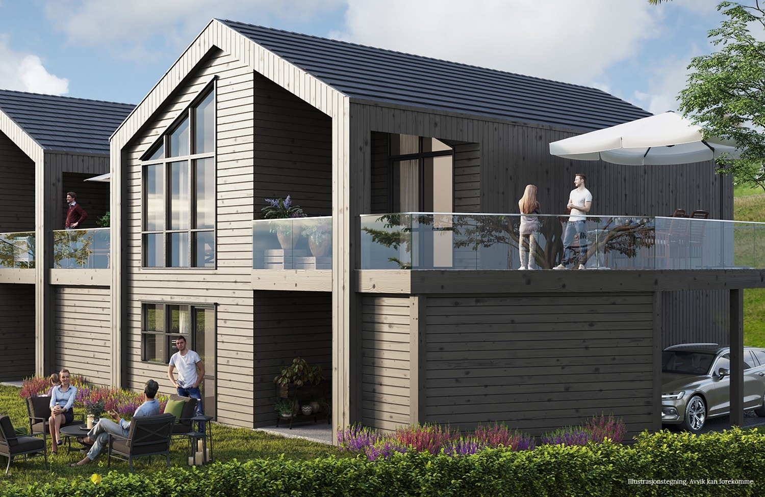 Prosjektet vil bestå av 6 eneboliger i rekke fordelt på 2 bygg. Boligene er delt med carport imellom. Galleribilde