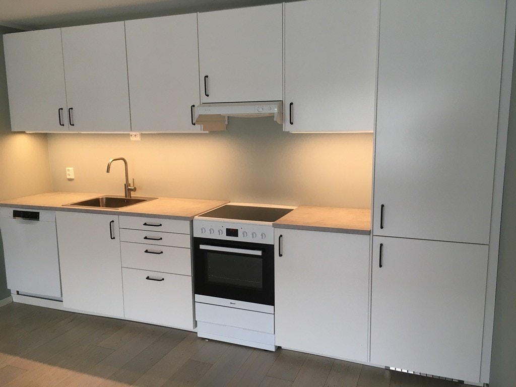 Kjøkken med komfyr, kjøl/frys og oppvaskmaskin Galleribilde