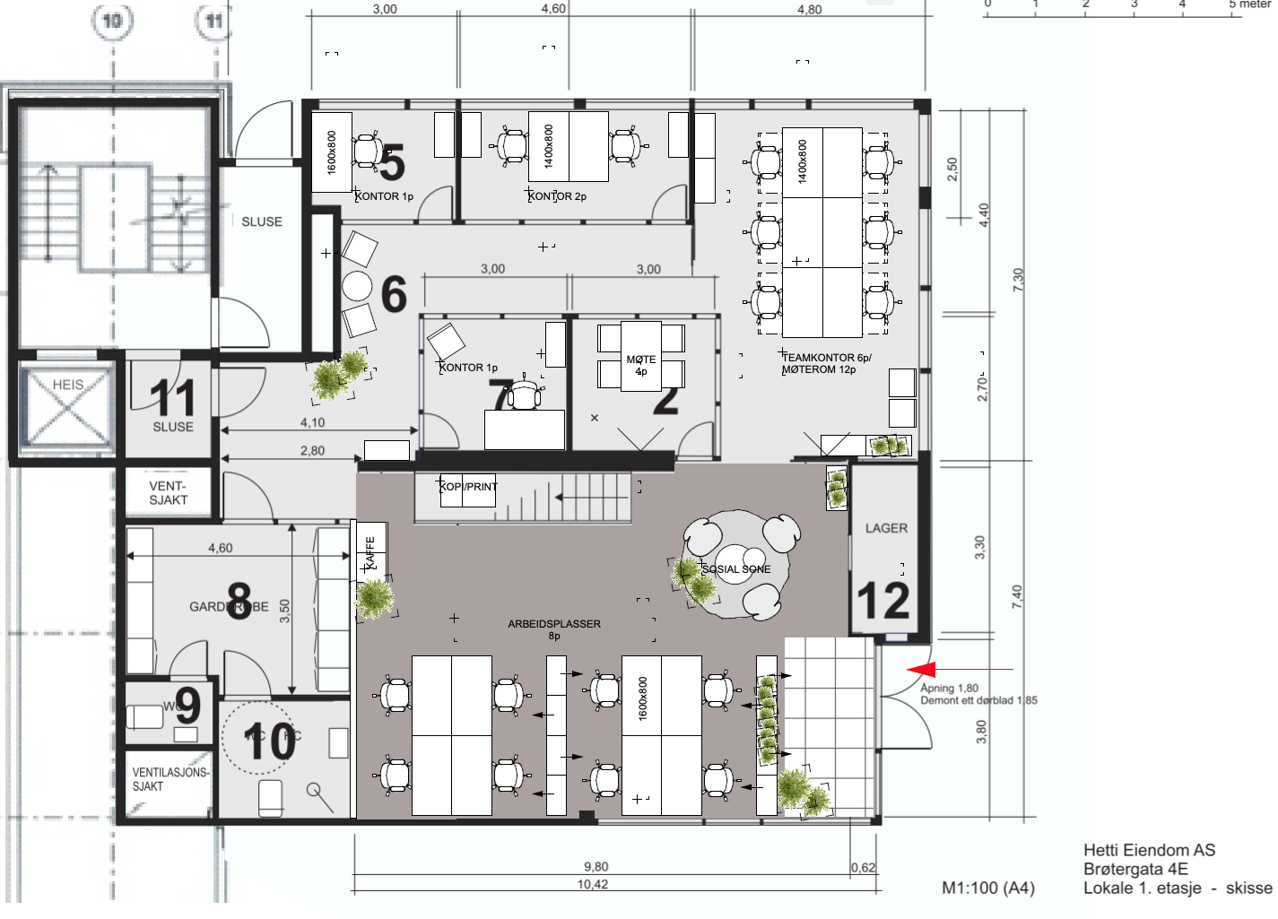 Planskisse 1. etg - illustrasjon av hvordan rommene kan innredes Galleribilde