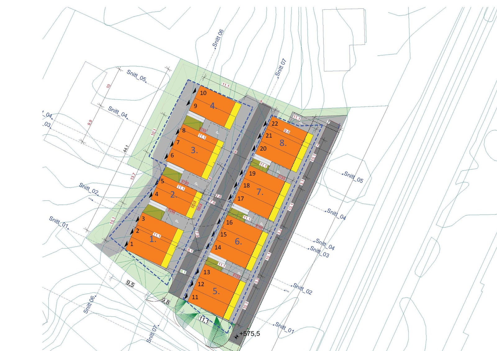 22 seksjoner i to byggetrinn. Bakre rad, med bygg 1, 2, 3 og 4 er Byggetrinn 1 og vil bli oppført ved 12 salg. Galleribilde