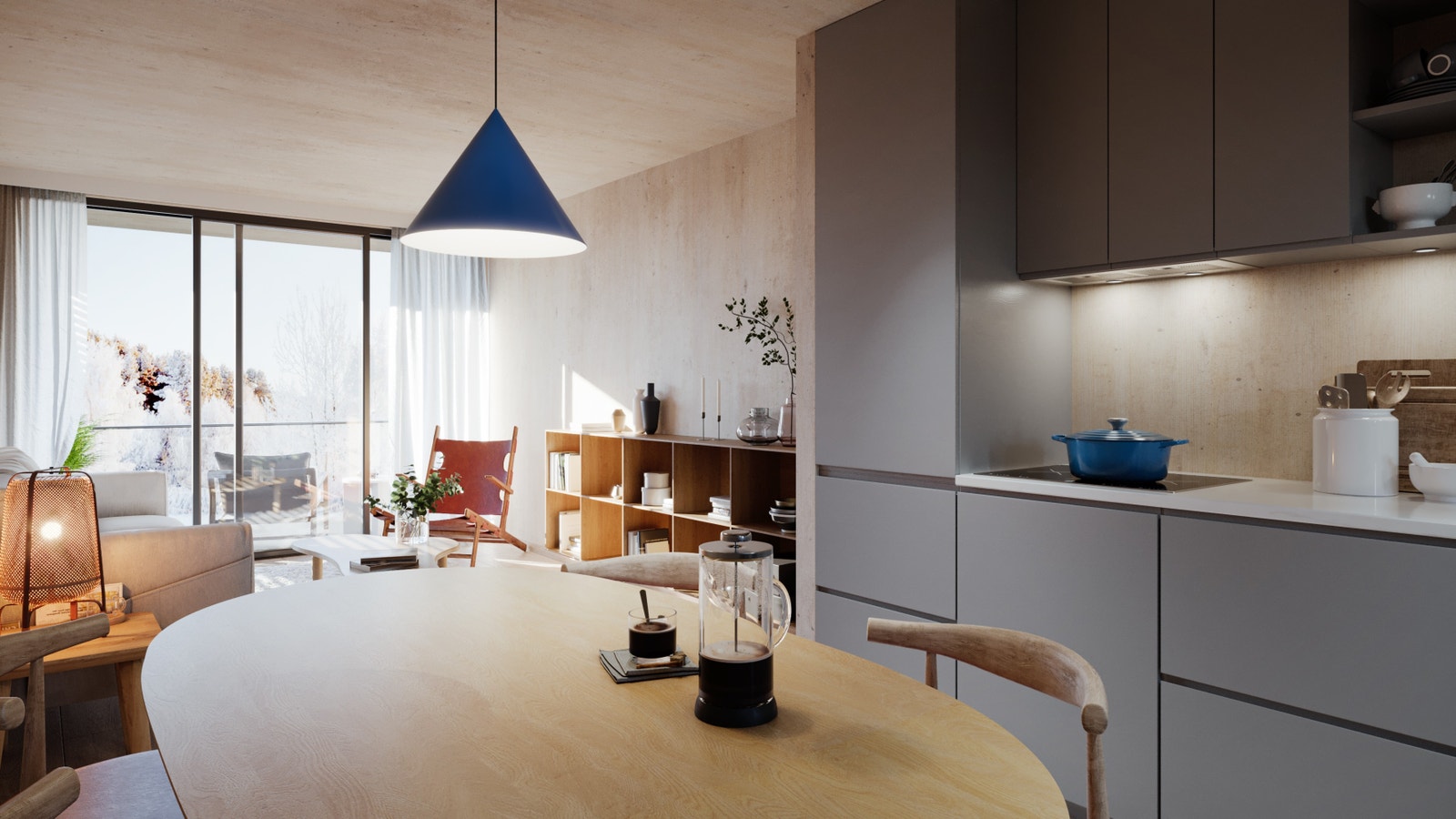 Kjøkkenet blir levert fra Sigdal og har integrerte hvitevarer og du har god plass til spisebord Galleribilde