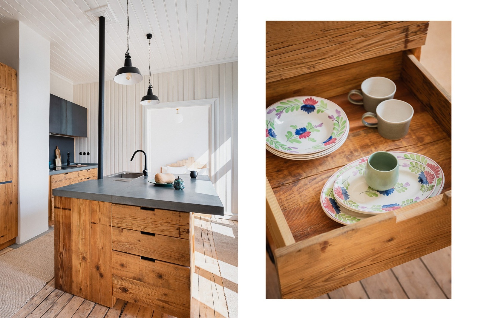 Benkeplater i betong gir fin kontrast til skuffer i heltre. Galleribilde