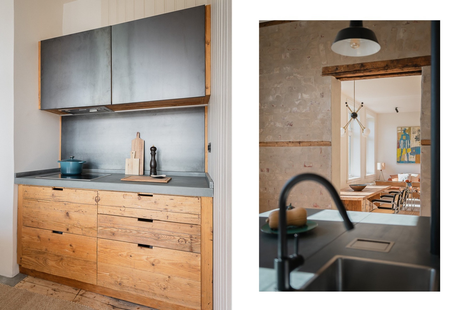 Kjøkkenveggen og overskapene er tillaget med banket sort råjern. Galleribilde