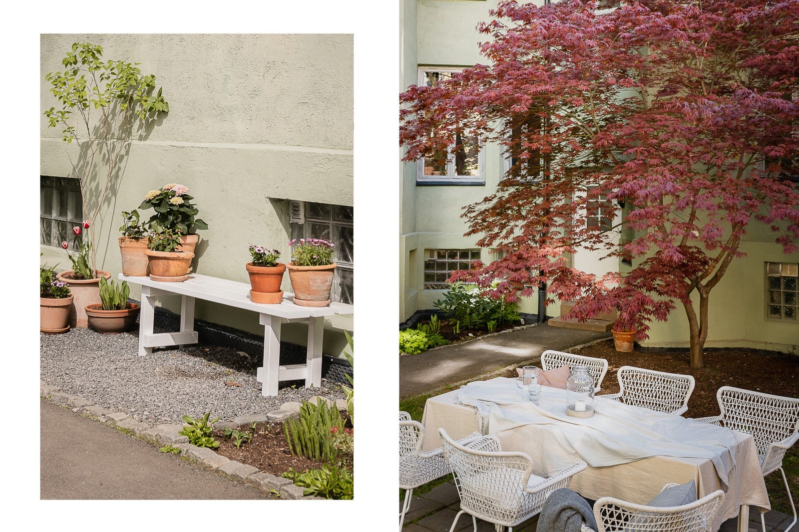 Inngang til oppgangen fra vakker felles bakgård. Dører til oppgangene skiftes i 2022. Galleribilde