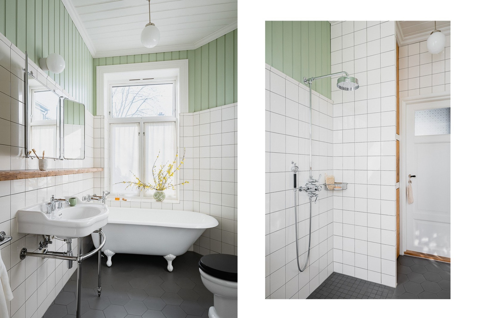 Vakkert baderom fra 2019, utformet i tidlig 1900-talls stil kombinert med heltre i moderne rene linjer. Galleribilde