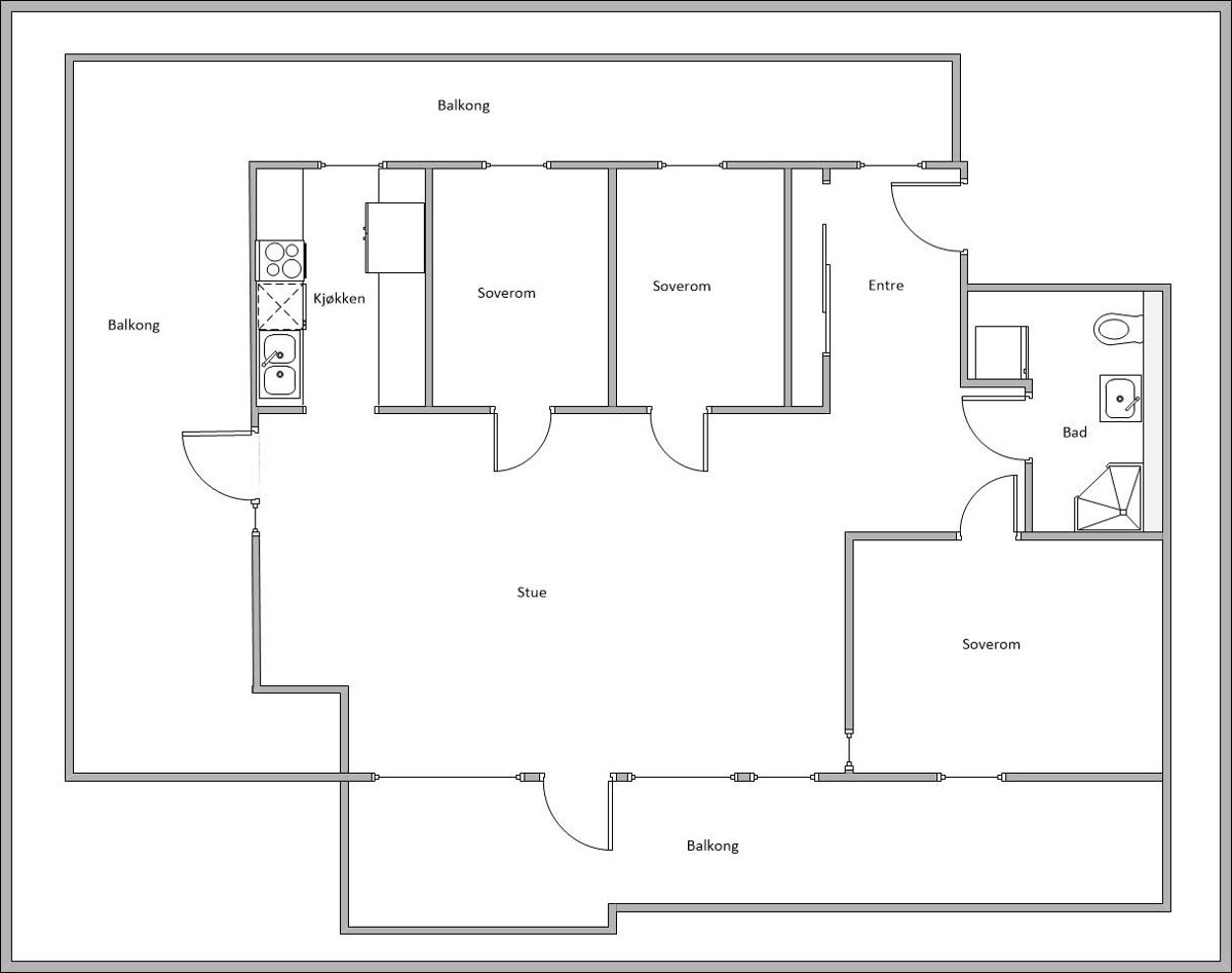 Plantegning av 7 etg: Består av Entré, bad/wc, 3 soverom, balkonger på ca 70 kvm, mulighet for 2 stk plasser i garasje. Kun 1 plass følger salget Galleribilde