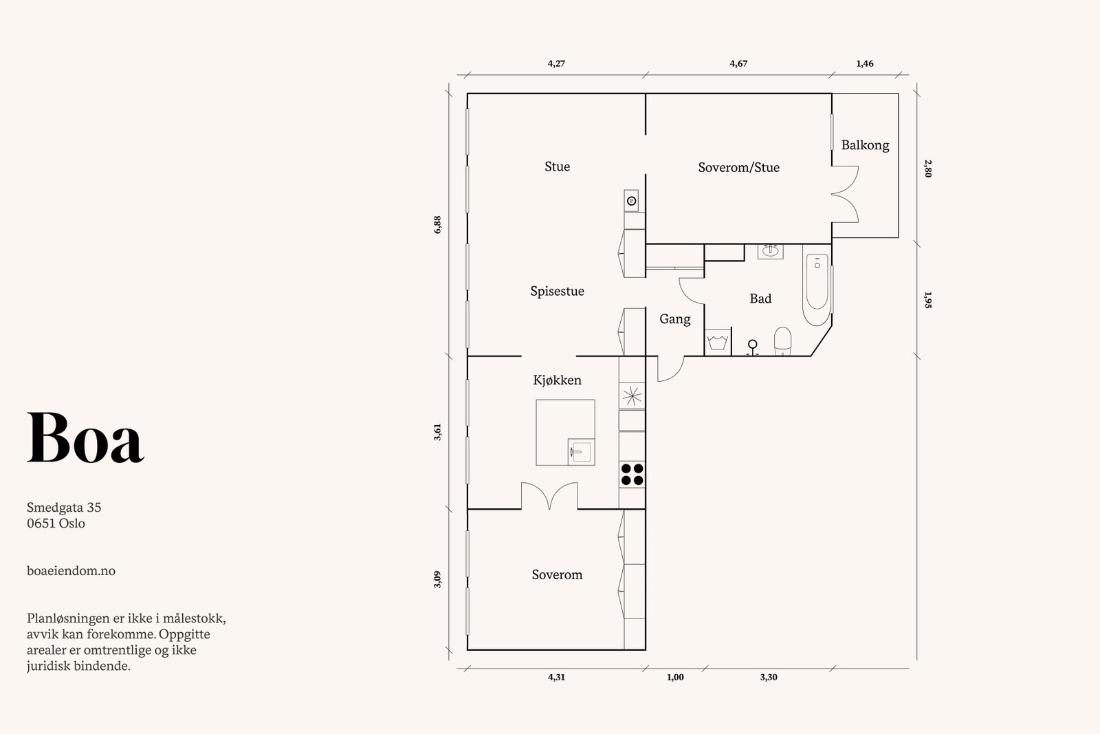 3. etasje: Entré/gang, bad/vaskerom, kjøkken, stue/spisestue og to soverom. Galleribilde