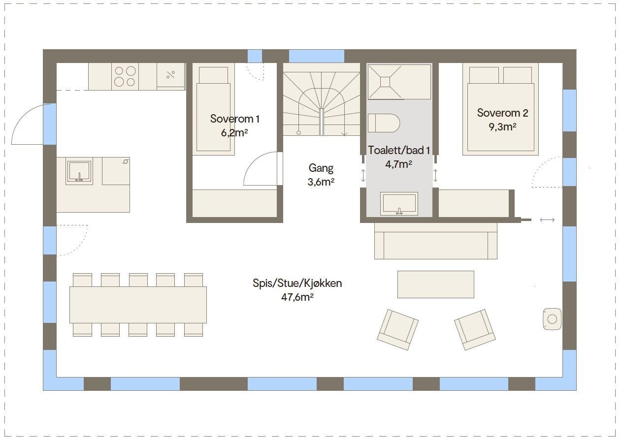 Vy 19ATU hovedplan med inngang nede Galleribilde