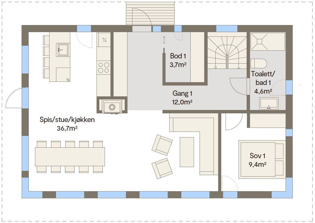 Vy 19ATU hovedplan med inngang oppe Galleribilde