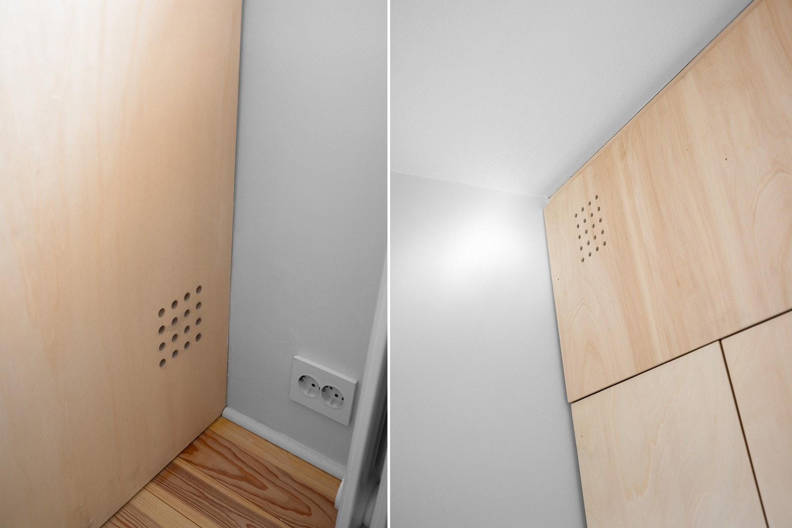 Det er laget ventilasjonshull i vegg og skap. Dette gir et veldig bra inneklima, så det er aldri tett luft inne i leiligheten. Skjult elektrisk anlegg med innfelte stikkontakter fra Elko Plus. Galleribilde
