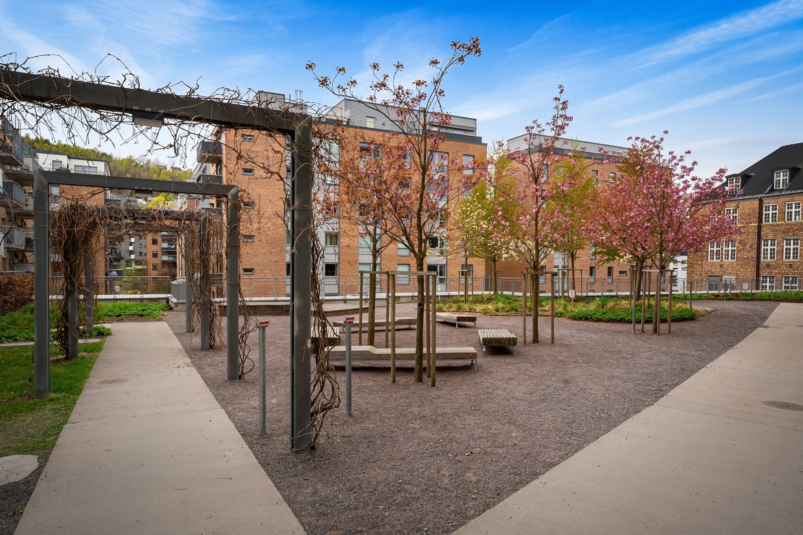 Pent opparbeidede fellesareal med internveier som snor seg blant gressplener, vakre sammenplantninger og lekeplass. Galleribilde