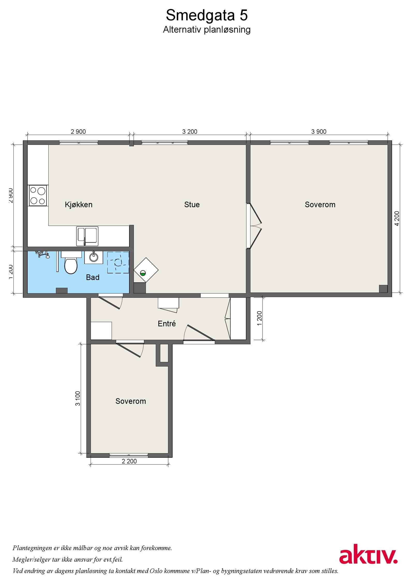 Alternativ planløsning: Dersom man er glad i en åpen kjøkkenløsning er det andre i gården som har flyttet kjøkkenet til sov 2 og åpnet vegg mot stuerom. Bygningsmessige endringer kan kreve godkjennelse fra styret/plan og bygg. Galleribilde