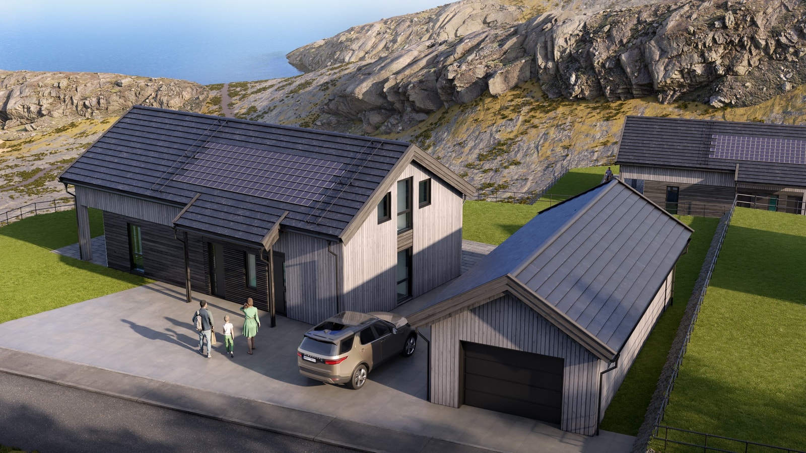Vi har tilpasset hver hytte til hver tomt. Dette gir bl.a. sjøutsikt, gode solforhold og en fin skjerming for alle de siste
7 av de siste 14 tomtene i Sørlandsviga hyttegrend i Farsund.
Bildet viser tilvalg, bl.a. garasje med gjesteavdeling foran med my Galleribilde