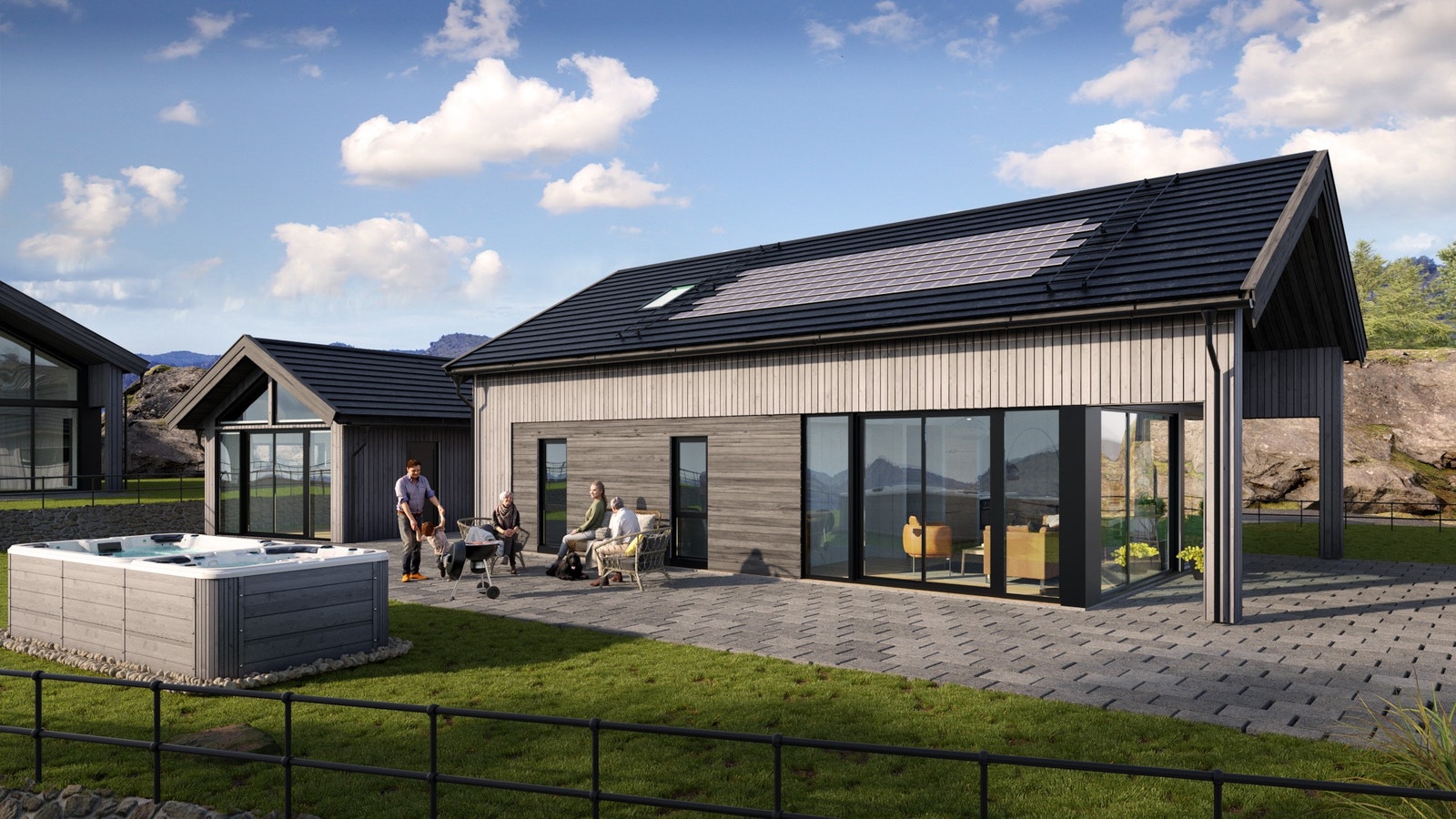 En moderne arkitekttegnet sjøhytte med mye vinduer og en god romløsning. Dette gir masse plass, og mye lys og utsikt. Garasje med gjestestue i front med mye vinduer kan kjøpes som tilvalg.
Bildet viser også andre tilvalg. Galleribilde