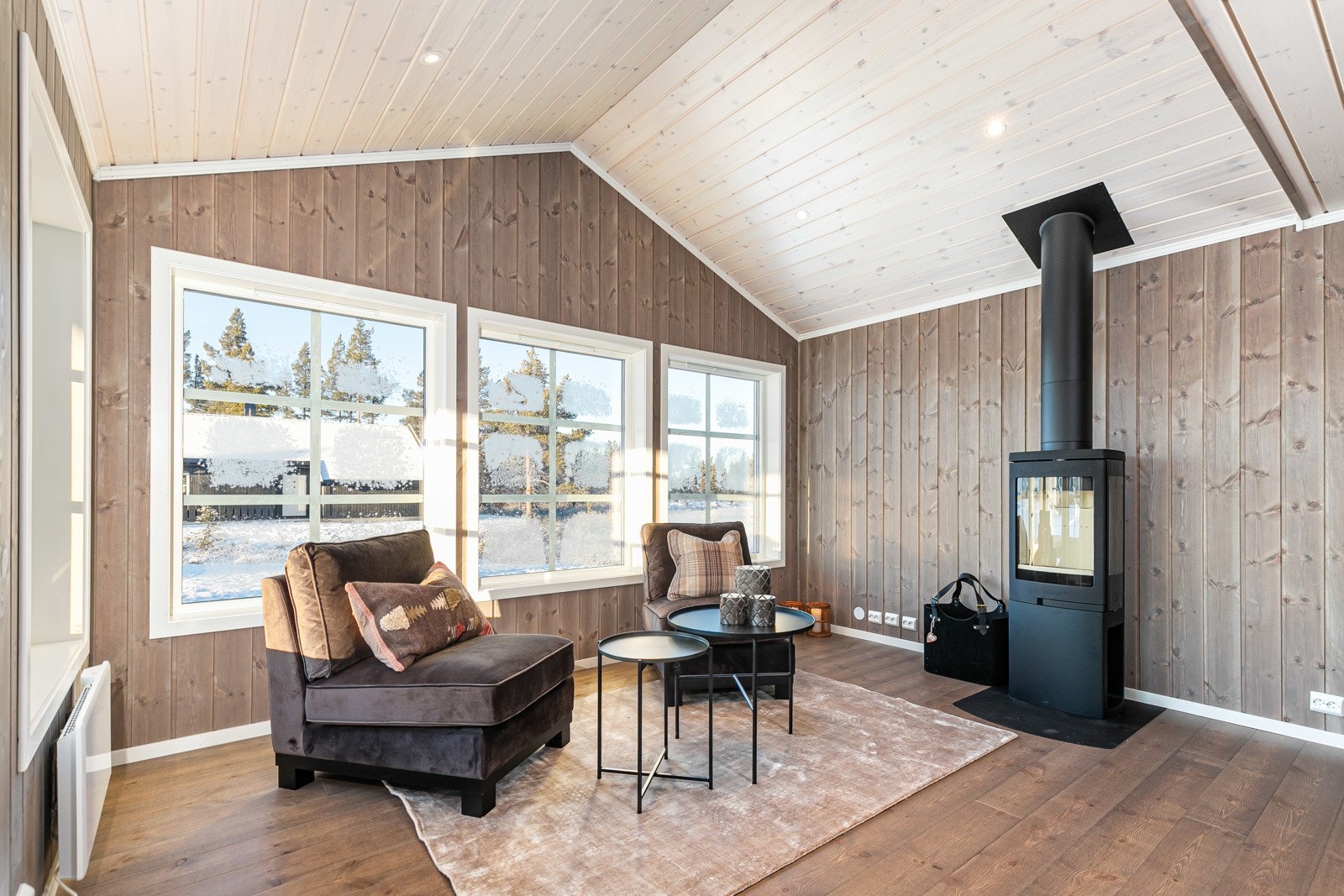 Denne hyttemodellen har et vinkelutbygg i stue som gir følelsen av å være i ett med naturen når du sitter i stuen. Galleribilde