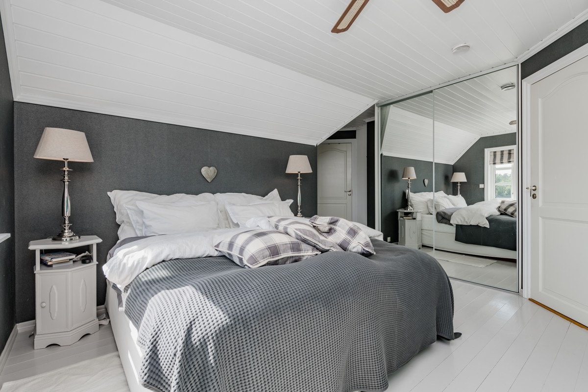 Hovedsoverommet har god plass til dobbeltseng og rommet inneholder dessuten garderobe og walk-in-closet i tillegg til egen adkomst til badet Galleribilde