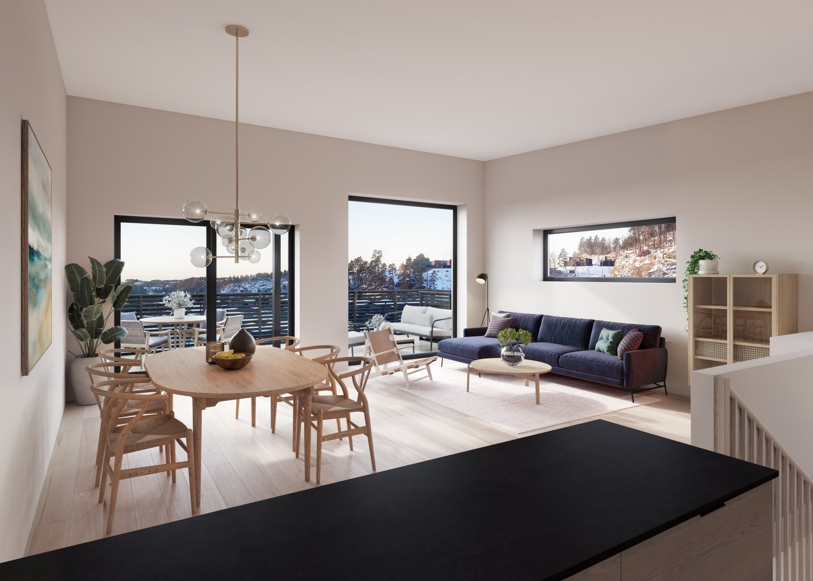 Kjøkken mot stue, store vindusflater og høyt under taket. Galleribilde