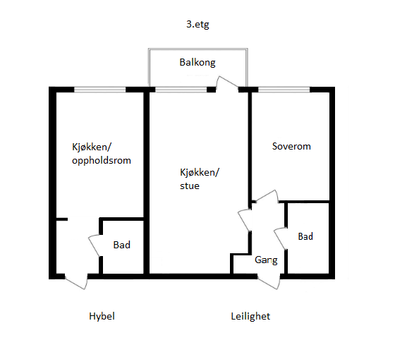 Her er plantegningen for 2-roms leiligheten med utleiedel i 3. etg. Galleribilde