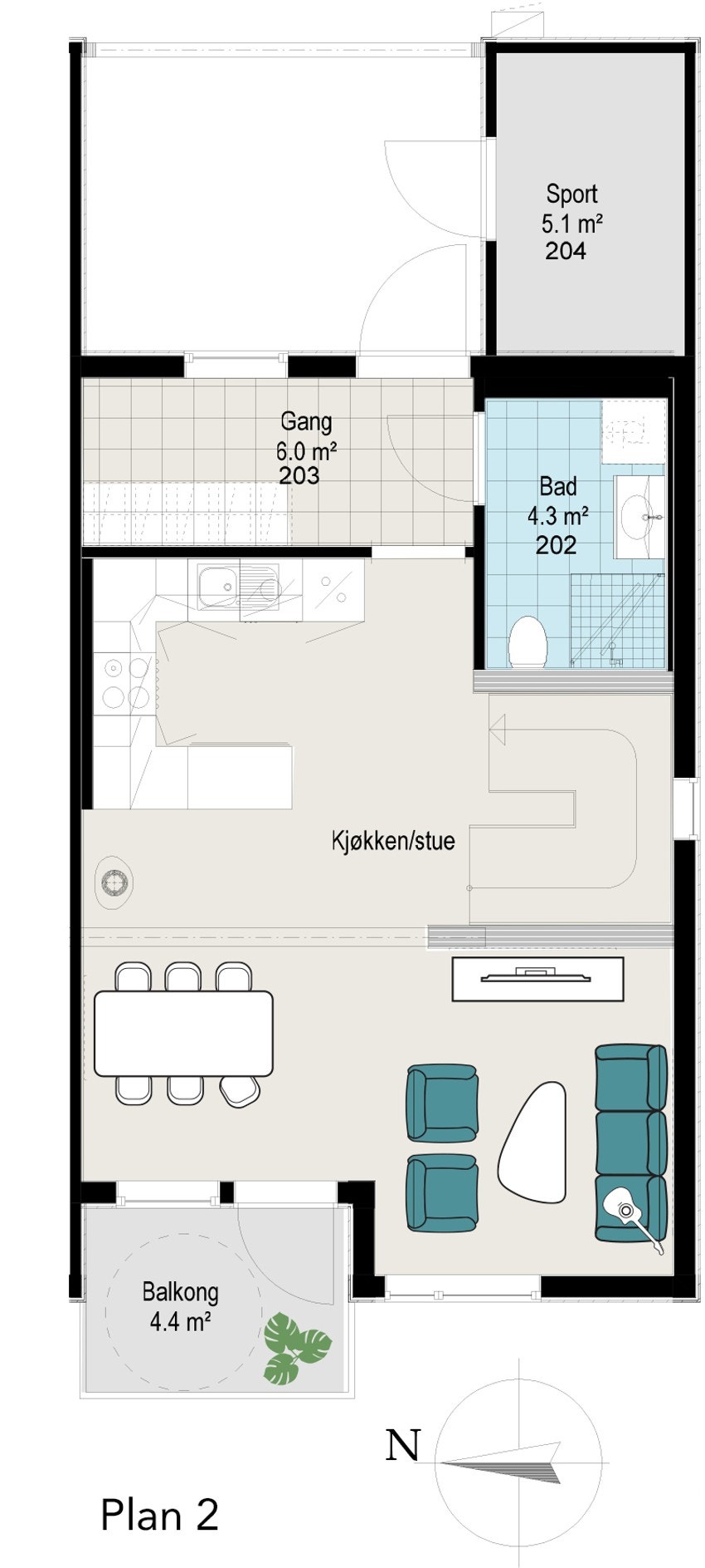 Hus 1 og 6 Plan 2_Fargelagt Galleribilde