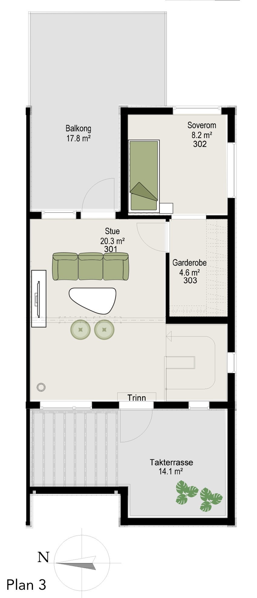 Hus 1 og 6 Plan 3_Fargelagt Galleribilde