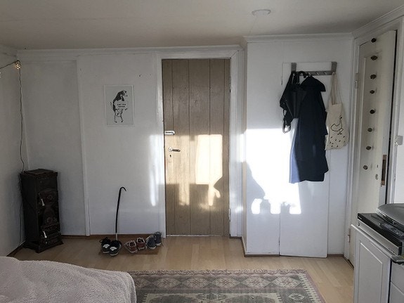 Hybel2. Ser døren til gangen mot øst. Kjøkken og "soverom" til høyre. Peisen til venstre i hjørnet. Galleribilde