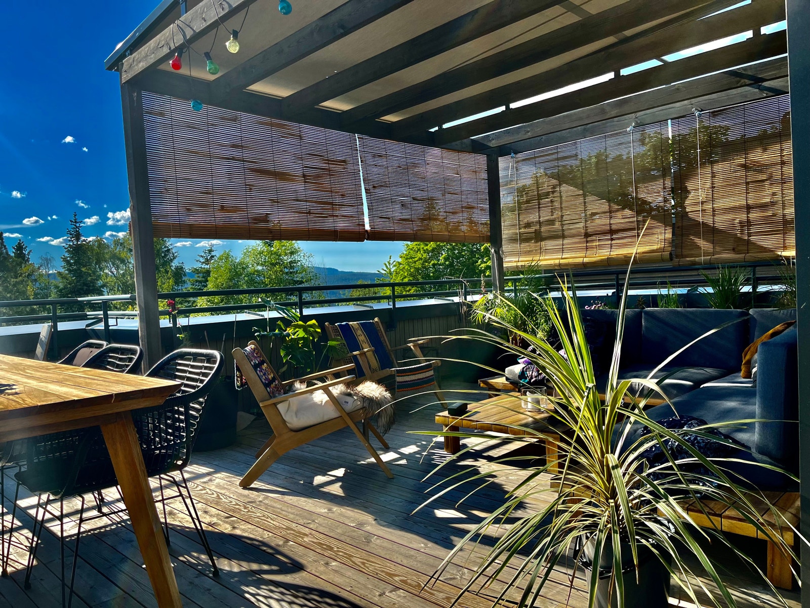 Takterasse med spisebord og sofagruppe i grønne omgivelser. Bambusgardiner og elektrisk takmarkise for solskjerming. Galleribilde