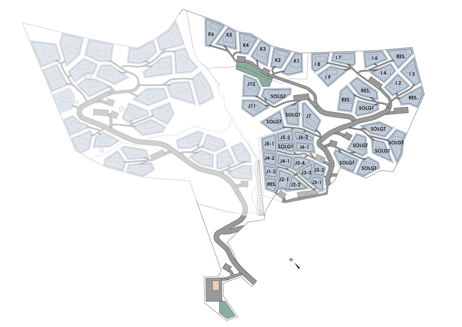 Tomtene som her selges er merket med: I-1, I-2, I-4, I-8, J2-1, J3-2, J3-4, J4-1, J4-2, J5-2, J6-1, J6-2 Galleribilde
