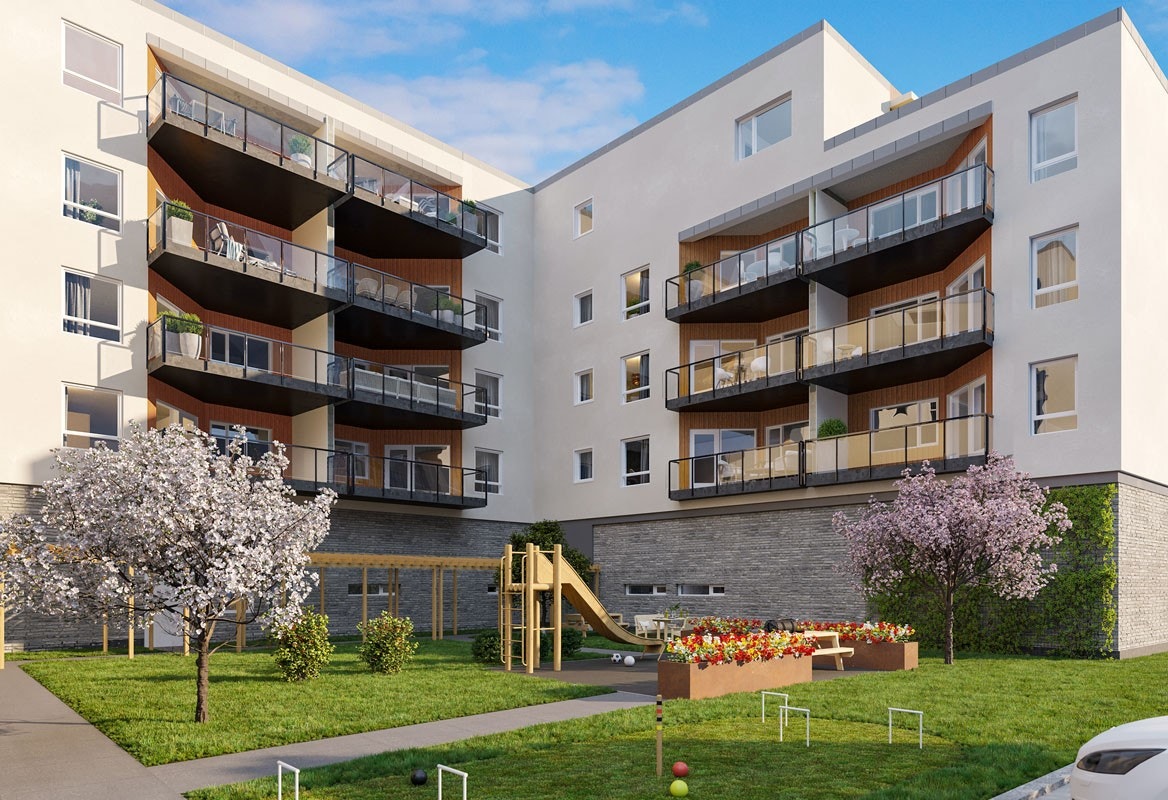 Bygningene omkranser en felles atriumshage som blir pent opparbeidet med gangstier, sittebenk, lekeplass, beplanting og plen. Galleribilde